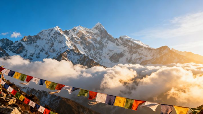 Himalayan peaks with prayer flags