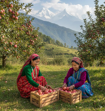 Women harvesting apples in an orchard